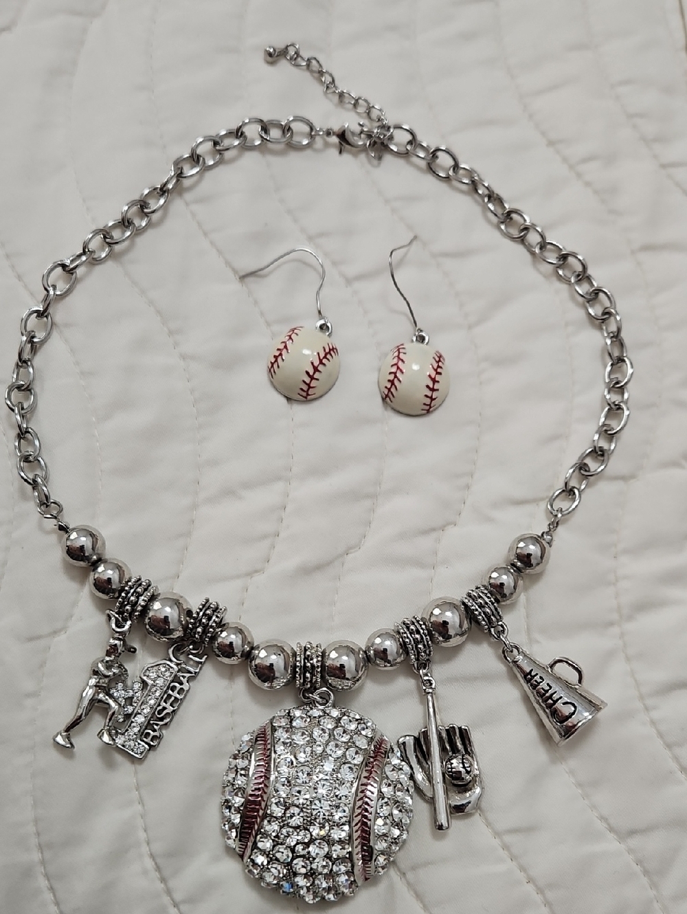 Silver-Tone Baseball Charm Necklace and Earrings Set - White/Red Accents